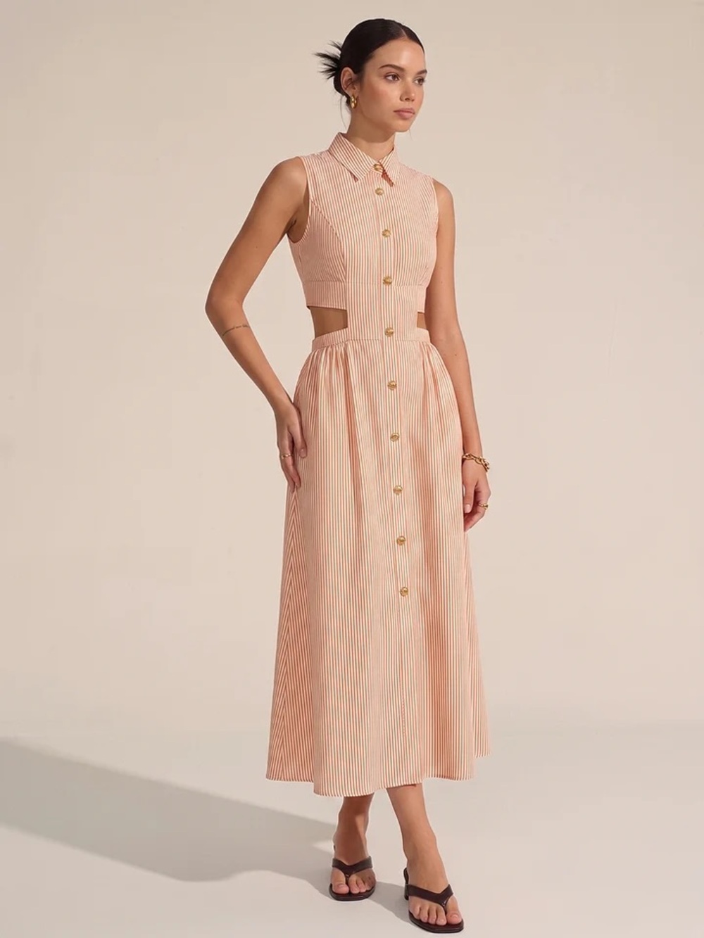 Commense Peach Stripe Cut Out Midi Dress